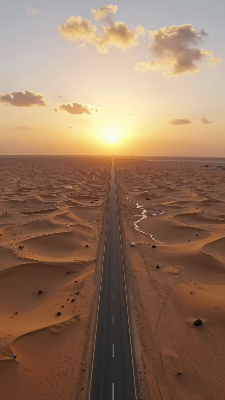 Golden Desert Highway Sunset Cairo Dunes in above dune fields and dry wadis near Cairo