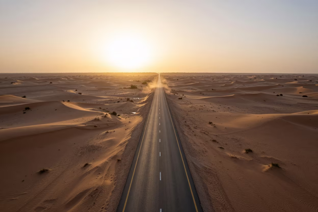 Golden Desert Highway at Sunset Near Nouakchott in near Nouakchott