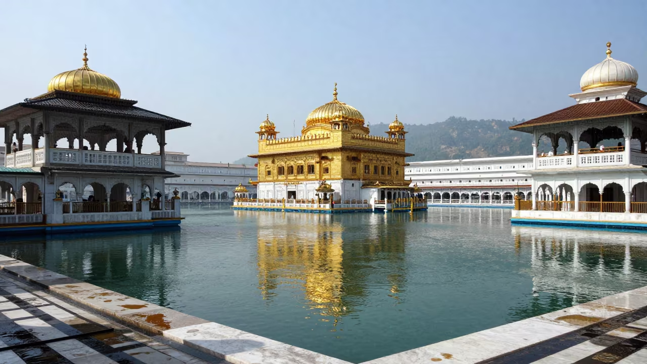 Golden Dome Gurdwara Reflecting in Sacred Pool in beneath a pagoda roof near Grand-Zattry