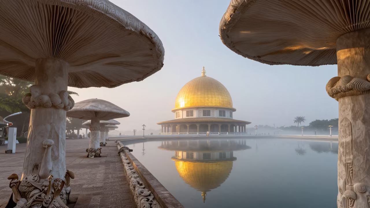 Golden Dome Reflection in Misty Sacred Pool in beneath a pagoda roof near Barranquilla