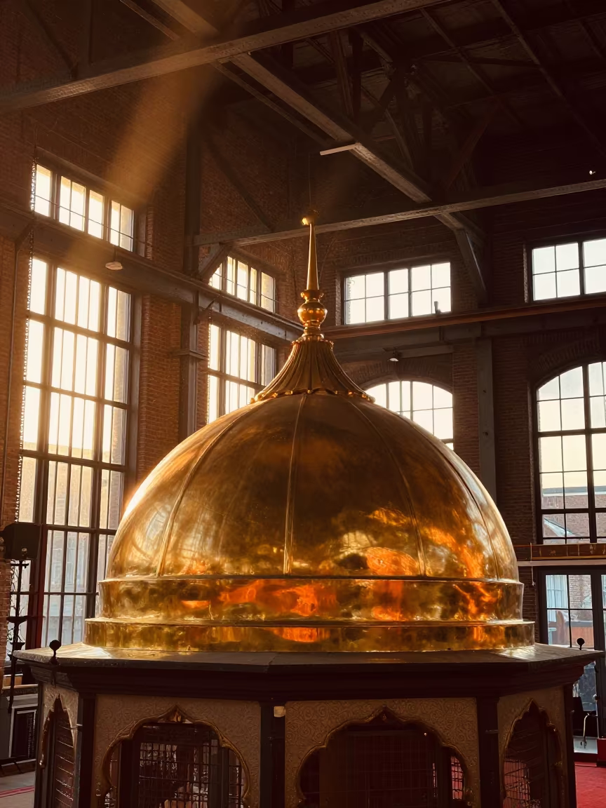 Golden Dome Sikh Gurdwara Sunset NDSM Wharf in in a mosque prayer hall in NDSM Wharf, Amsterdam