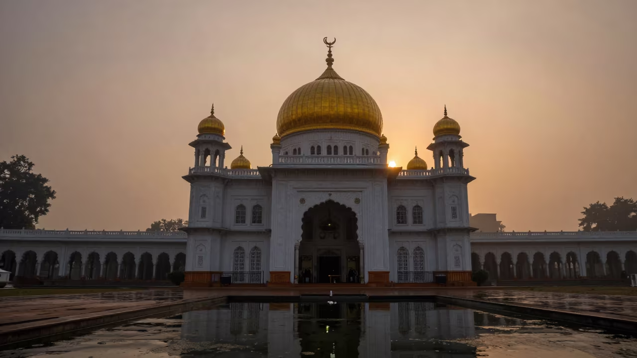 Golden Dome Silhouette Reflects in Monsoon Pool in at a shrine entrance in Liberia