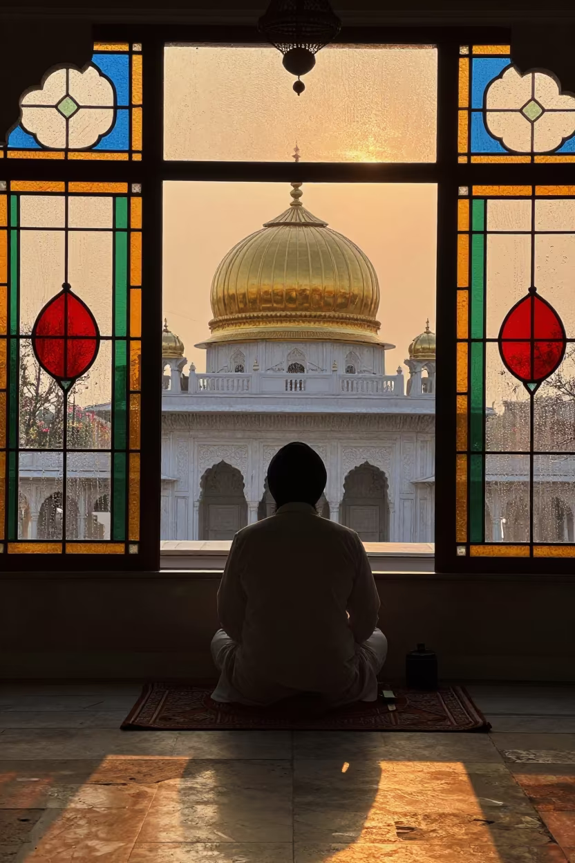 Golden Dome Silhouette in Stained Glass Chapel in in a chapel lit by stained glass in Bloemfontein