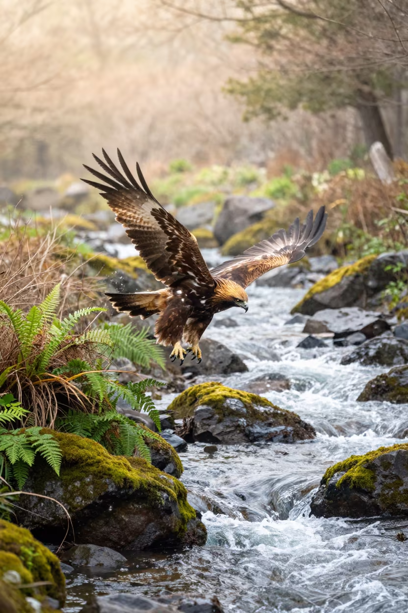 Golden Eagle Dives Over Misty Glacial Stream Kyoto in above a glacial stream near Kyoto