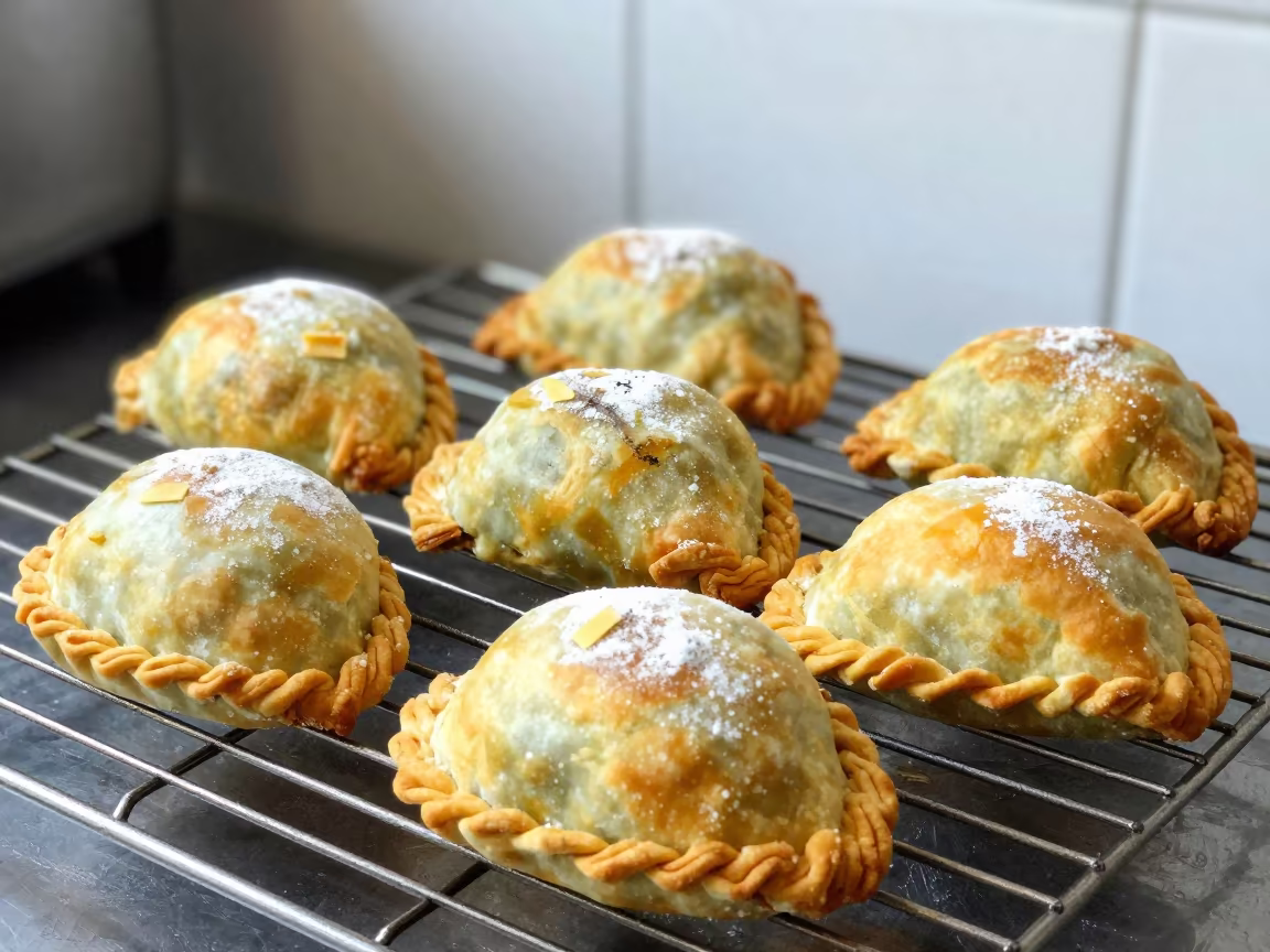 Golden Empanadas on Bakery Cooling Rack in on a bakery cooling rack in Bonon