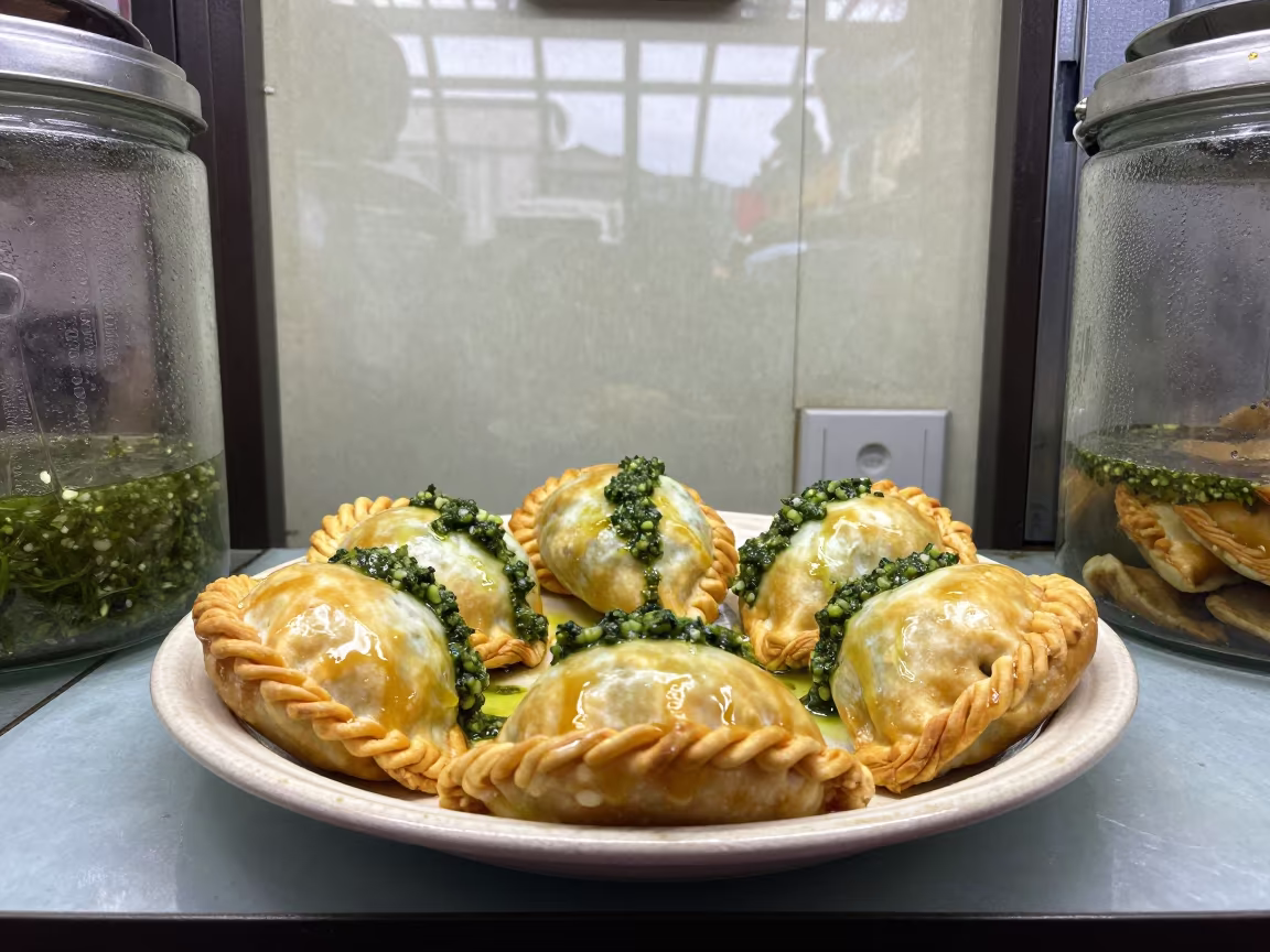 Golden Empanadas with Chimichurri at Yozgat Market in at a market stall counter in Yozgat