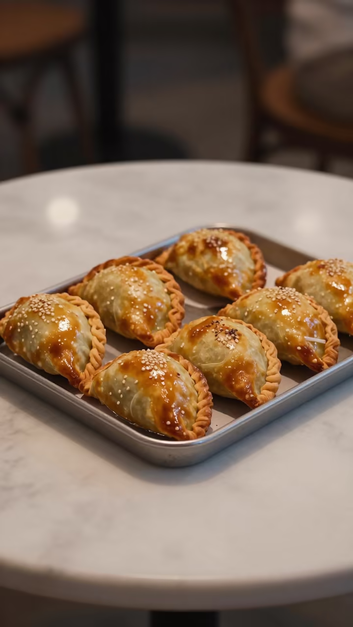 Golden Empanadas on Marble Table in Candlelight in on a marble cafe table in Palembang