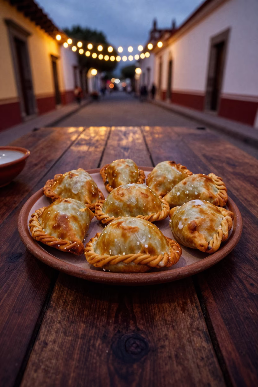 Golden Empanadas on Rustic Table in Quetzaltenango in on a rustic wooden table in Quetzaltenango