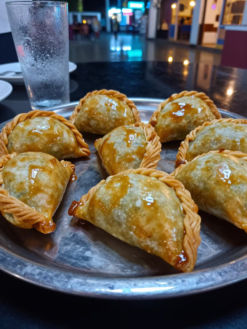 Golden Empanadas on Zanzibar Tea House Tray in on a tea house tray in Zanzibar