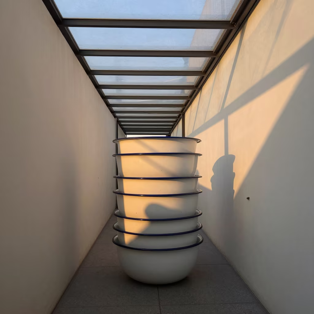 Golden Enamel Bowls in Taoyuan Autumn Arcade in inside a glass-roofed arcade in Taoyuan