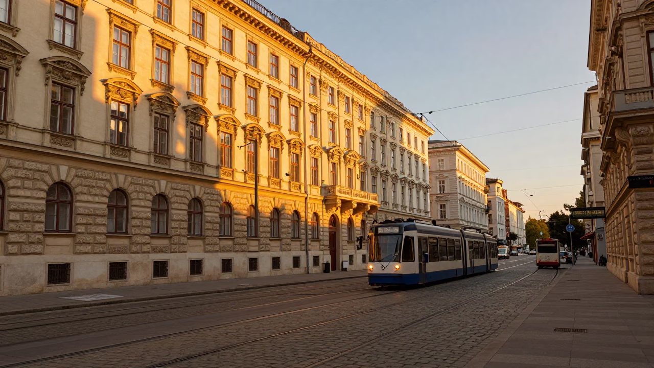Golden Evening Light Illuminates Historic Vienna Architecture and Street Life in in Vienna, Austria