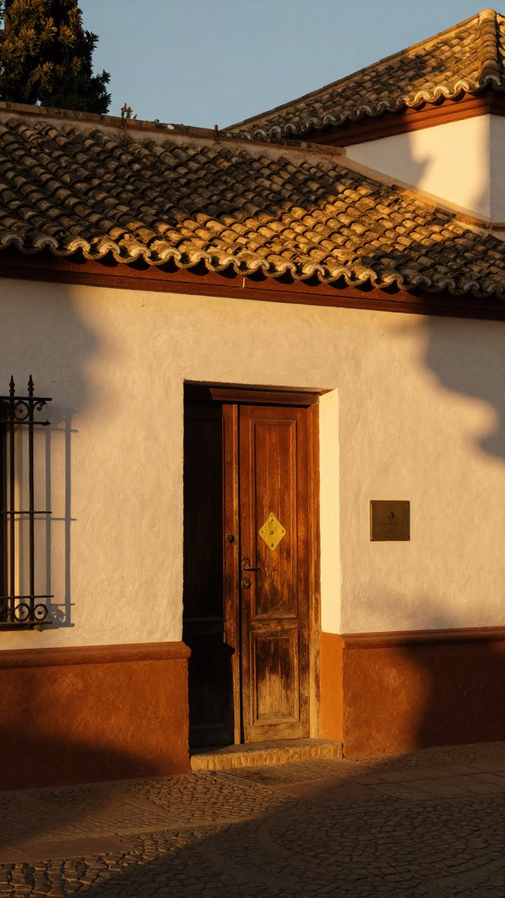 Golden Evening Light Illuminates Traditional Spanish Courtyard with Brick Walls and Ceramic Details in in Seville, Spain