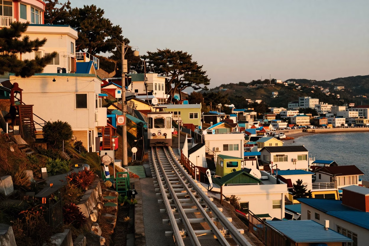 Golden Evening Light Illuminating Busan Gamcheon Funicular Railway Climbing Steep Coastal Hillside in in Busan, South Korea