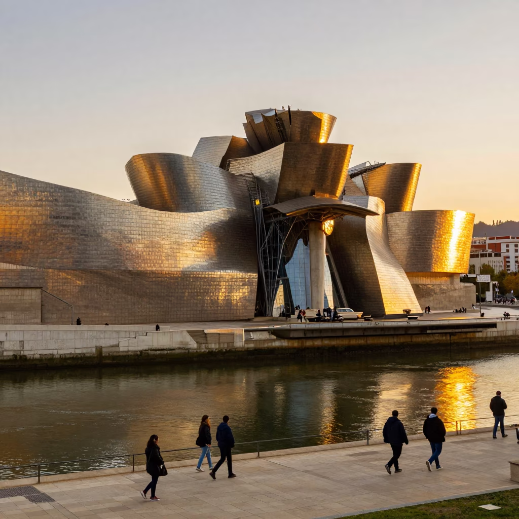 Golden Evening Light Illuminating Guggenheim Museum and Nervion River in Bilbao Spain in in Bilbao, Spain
