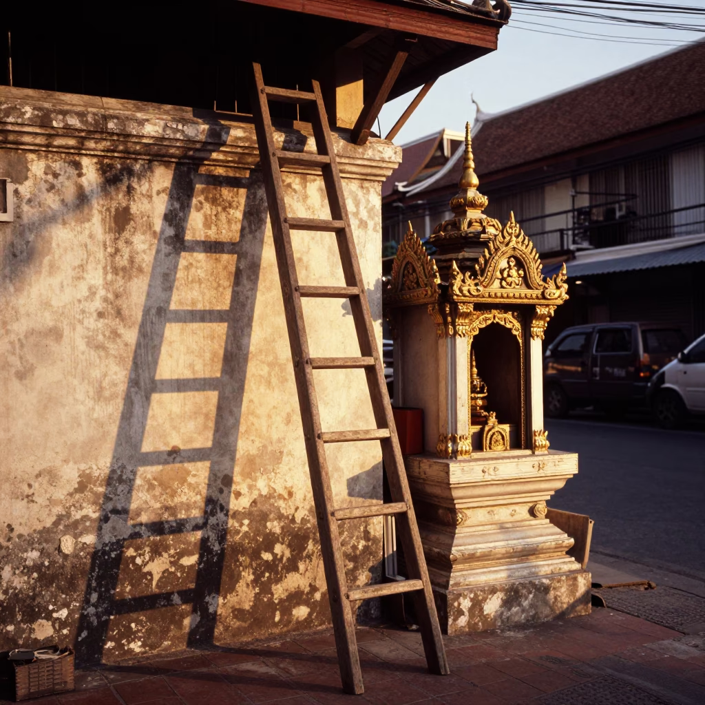 Golden Evening Light in Bangkok Thailand Street Scene with Traditional Elements in in Bangkok, Thailand