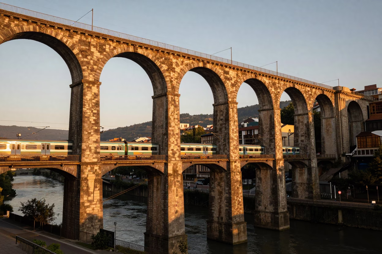 Golden Evening Light on Bilbao Railway Viaduct with Passing Train in in Bilbao, Spain
