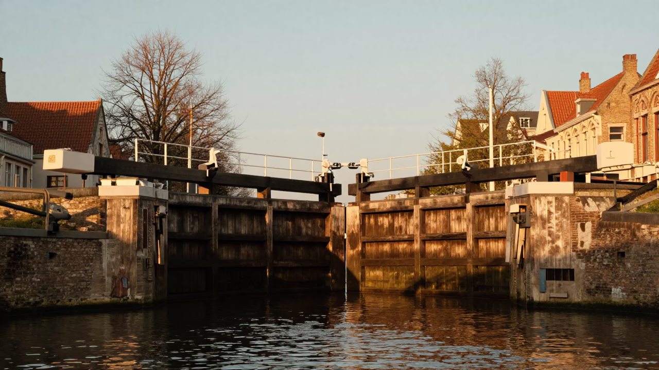 Golden Evening Light on Brussels Canal Lock with Wooden Gates and Urban Reflections in in Brussels, Belgium