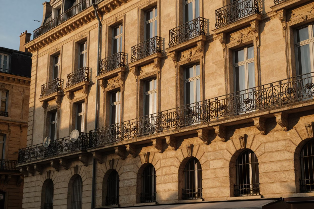 Golden Evening Light on Lyon Stone Facades and Condensation on Cafe Glass in in Lyon, France
