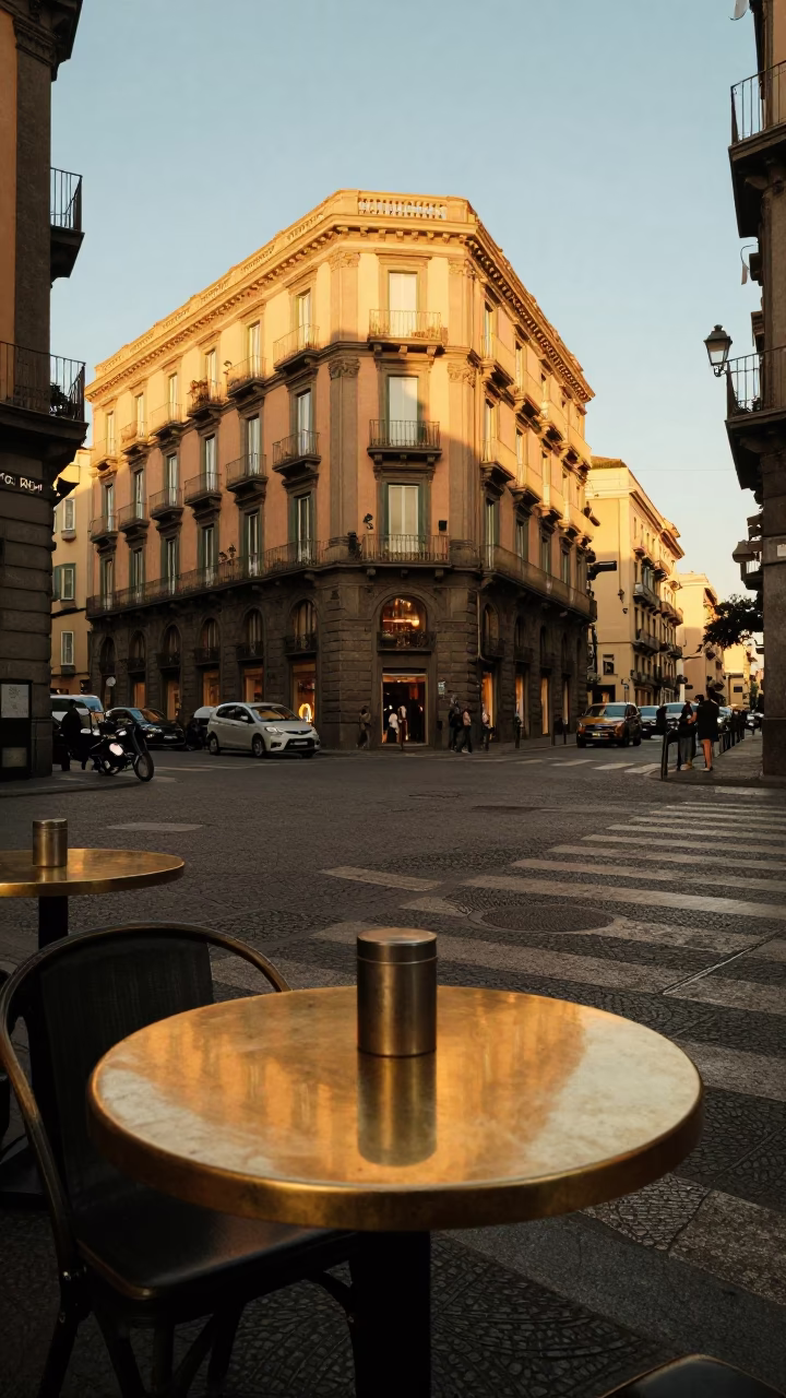 Golden Evening Light on Naples Street Corner with Brass Table and Woven Baskets in in Naples, Italy