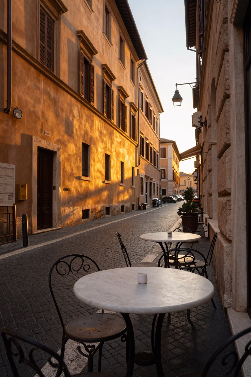 Golden Evening Light on Roman Street with Marble Table and Tiramisu Dessert in in Rome, Italy