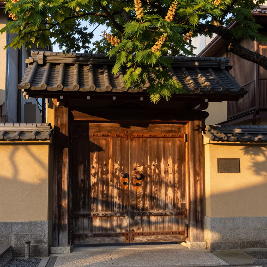 Golden Evening Light on Traditional Japanese Gate with Chestnut Tree and Persimmons in Tokyo in in Tokyo, Japan