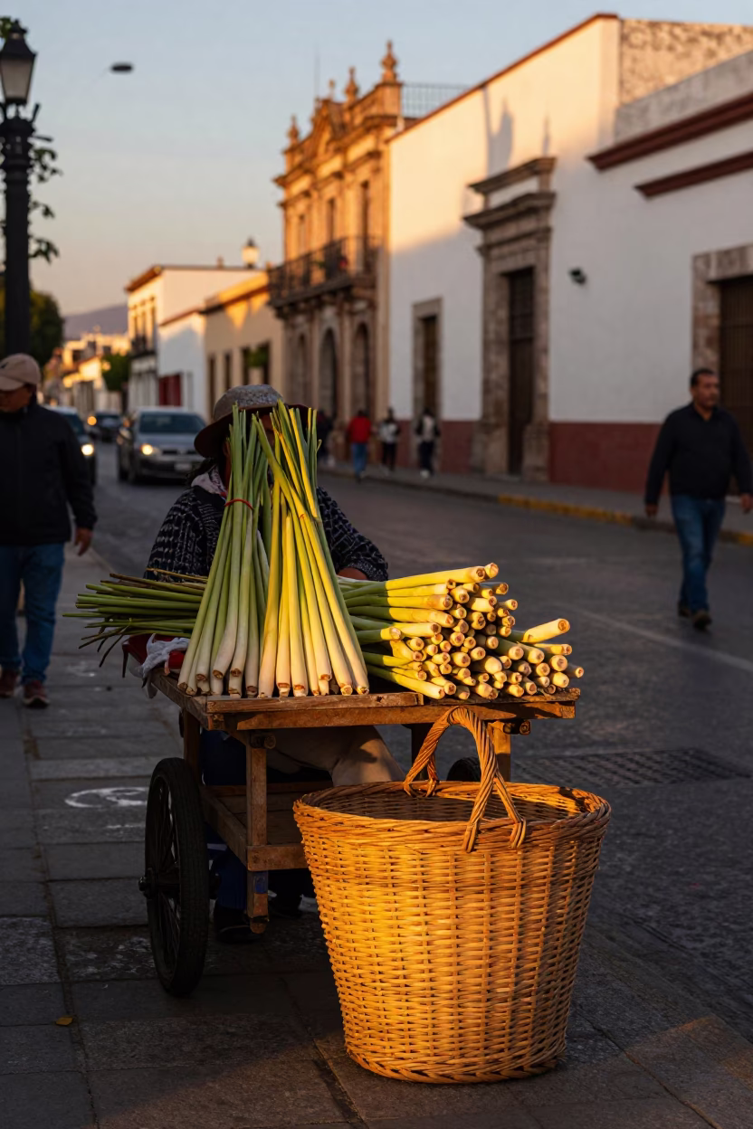 Golden Evening Street Scene in Guadalajara Mexico with Local Market Vendor and Wicker Basket in in Guadalajara, Mexico