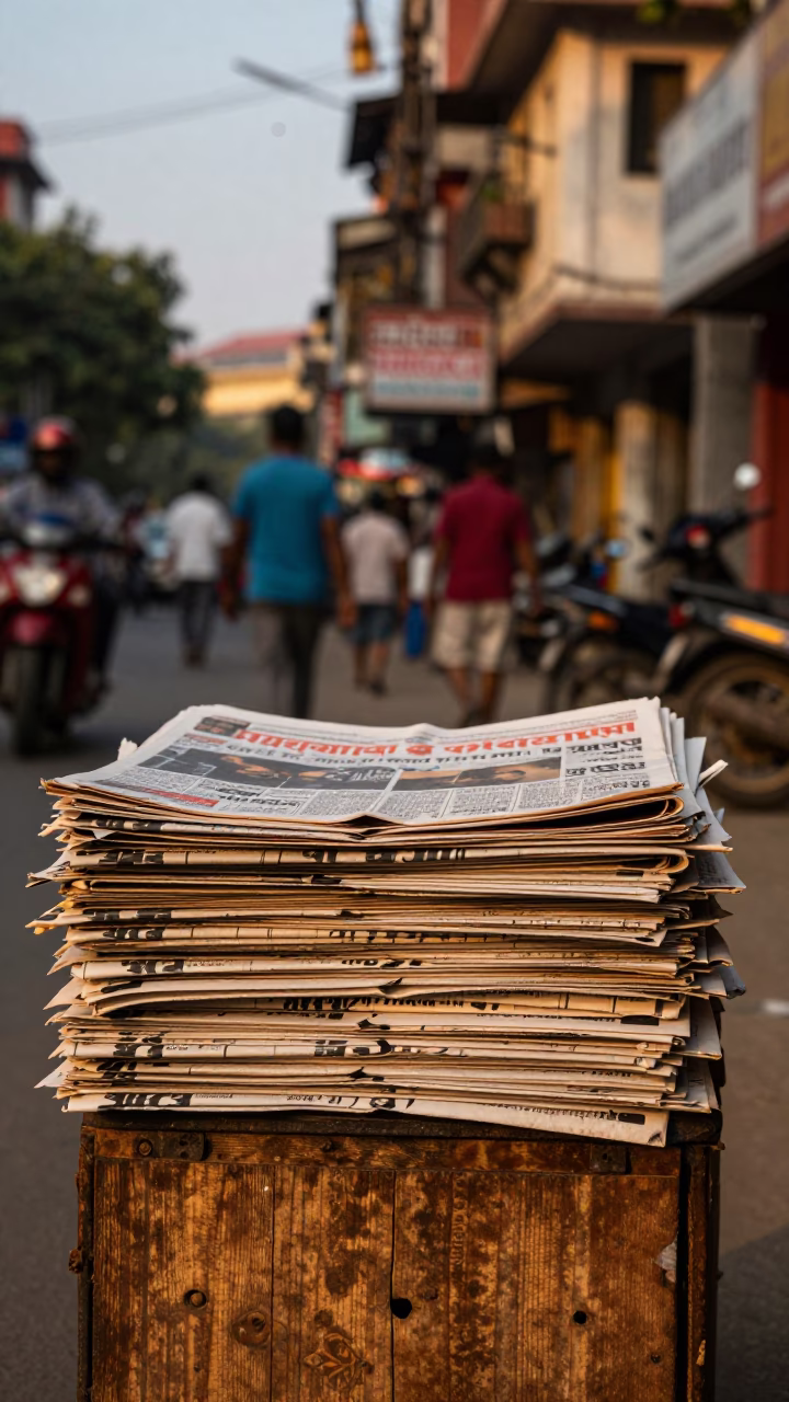 Golden Evening Street Scene in Kolkata India with Newspaper Stack and Woven Mat in in Kolkata, India