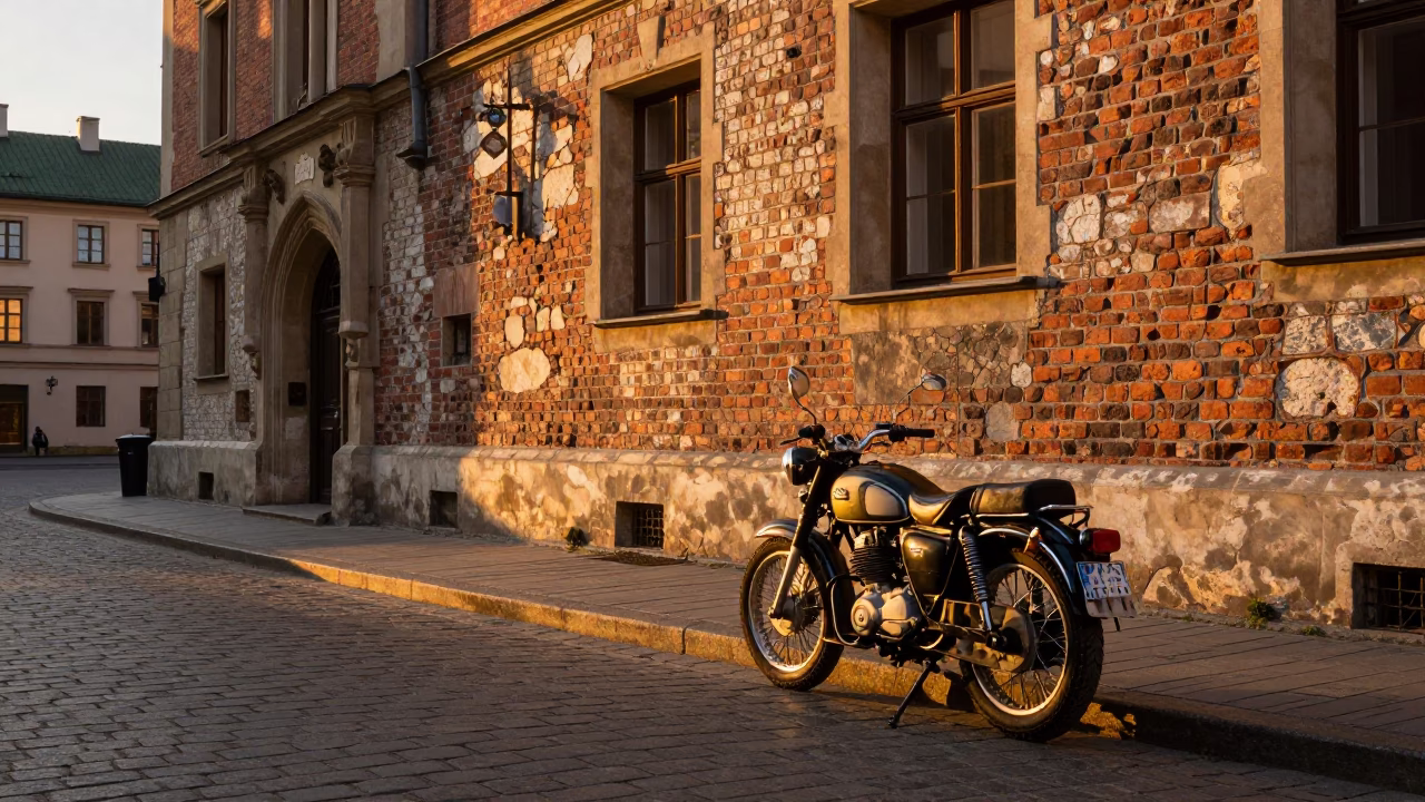 Golden Evening Street Scene in Krakow Poland with Vintage Motorcycle and Local Life in in Krakow, Poland