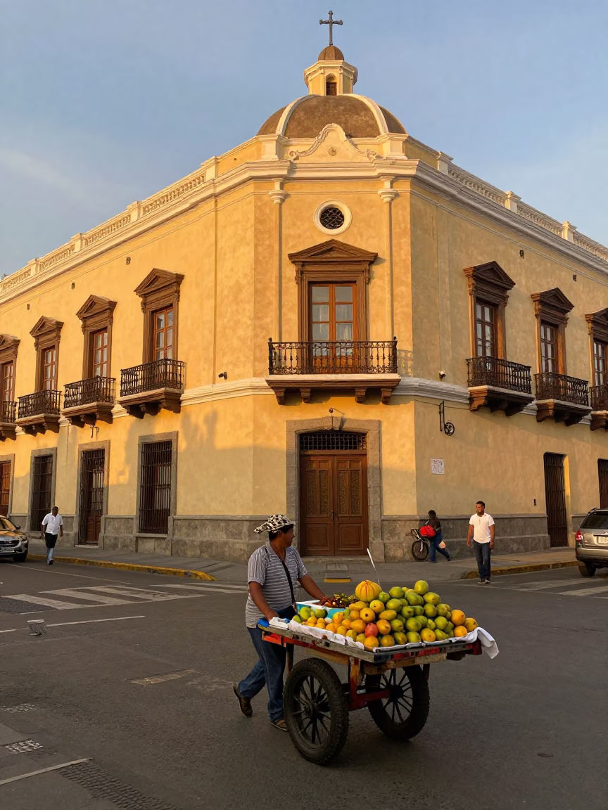 Golden Evening Street Scene in Lima Peru with Rolling Vendor Cart and Local Pedestrians in in Lima, Peru