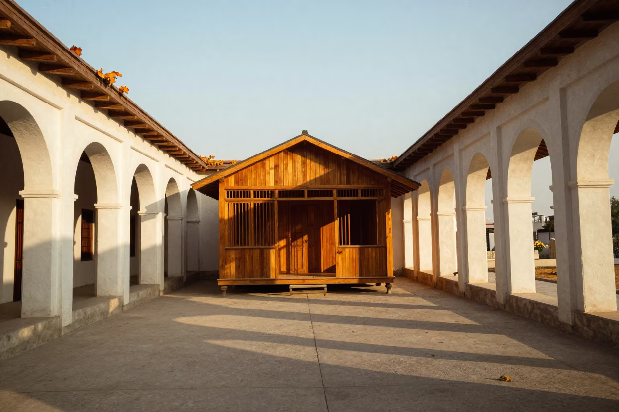 Golden Evening Wooden Boathouse Inside Vaulted Atrium in inside a vaulted atrium in Islamabad