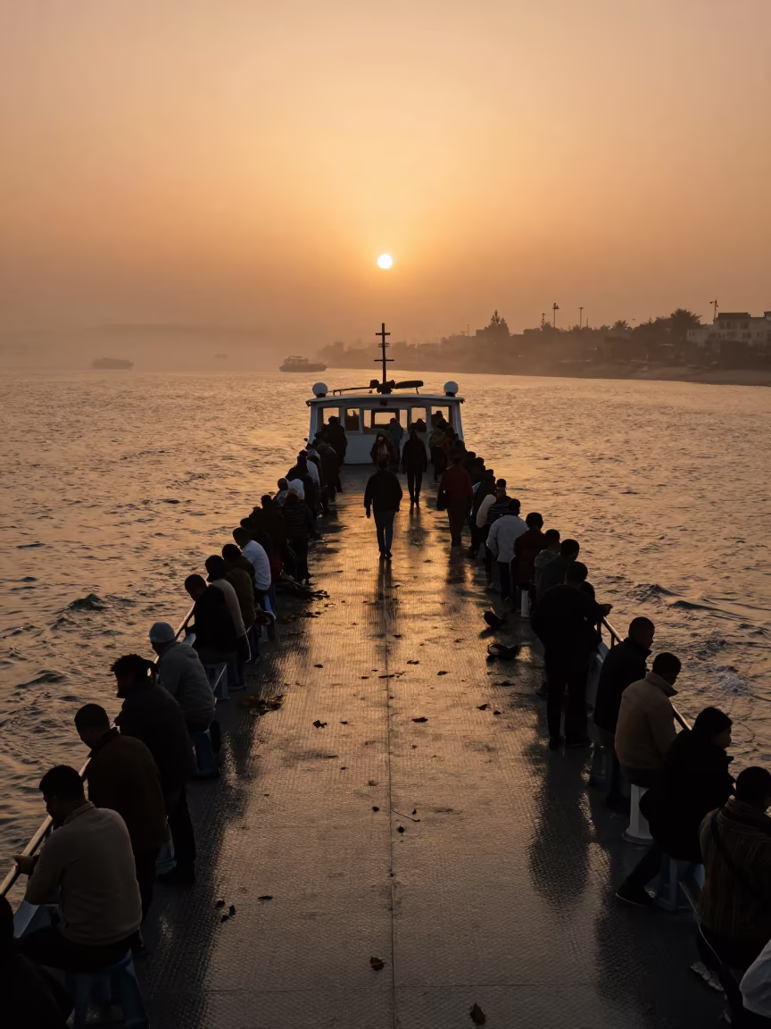 Golden Ferry Crossing Foggy Harbor at Sunset in beside a fogbound harbor mouth near Settat