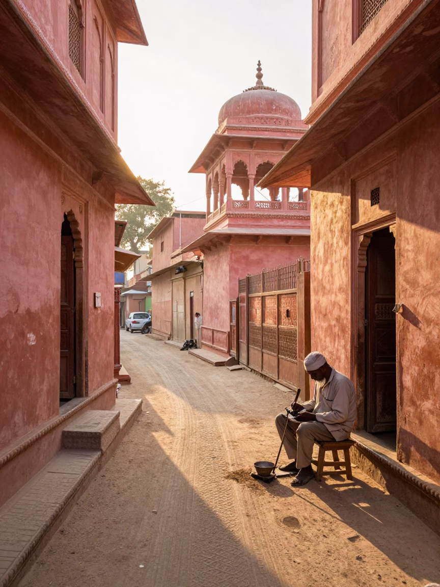 Golden First Light Illuminates Jaipur Street Scene with Cobbler and Traditional Life in in Jaipur, India