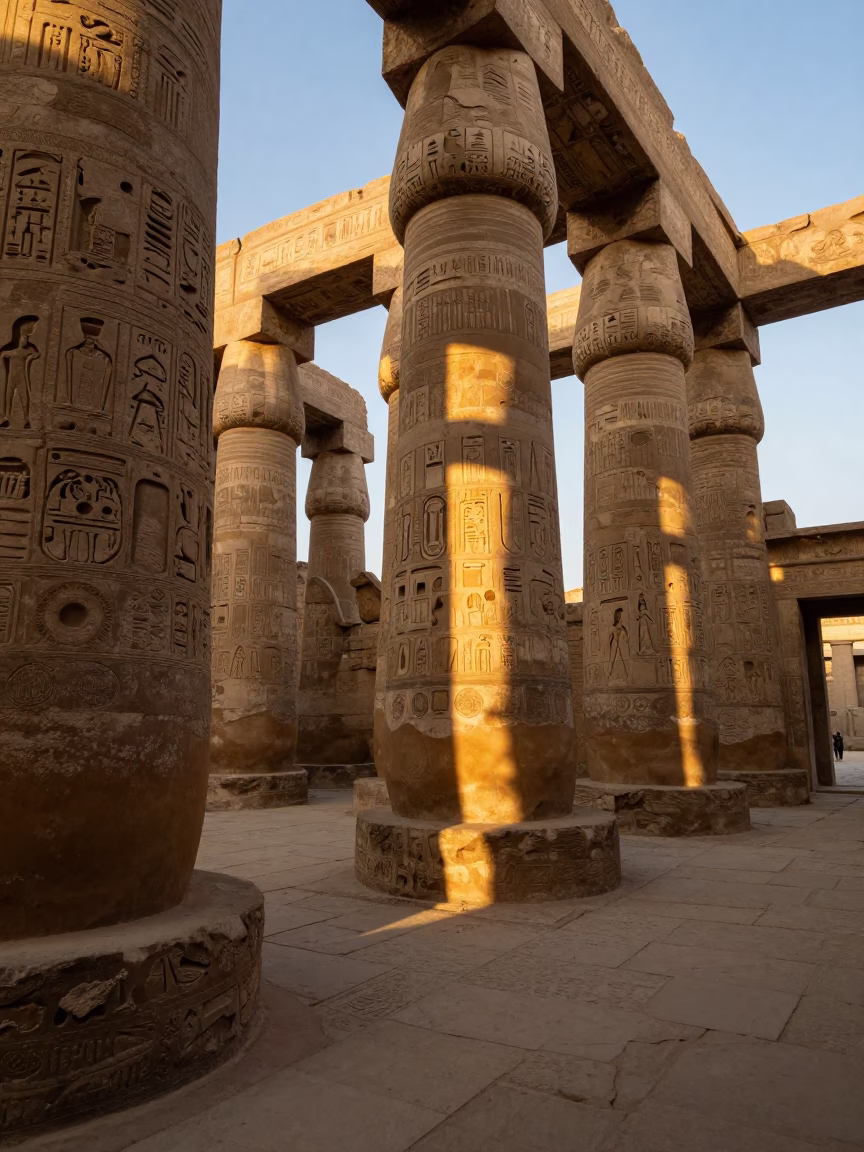 Golden First Light Illuminating Ancient Luxor Temple Columns and Stone Architecture in Egypt in in Luxor, Egypt