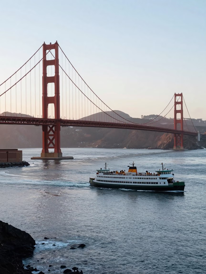 Golden Gate Bridge and Ferry at Dawn in San Francisco Bay California in in San Francisco, California, United States