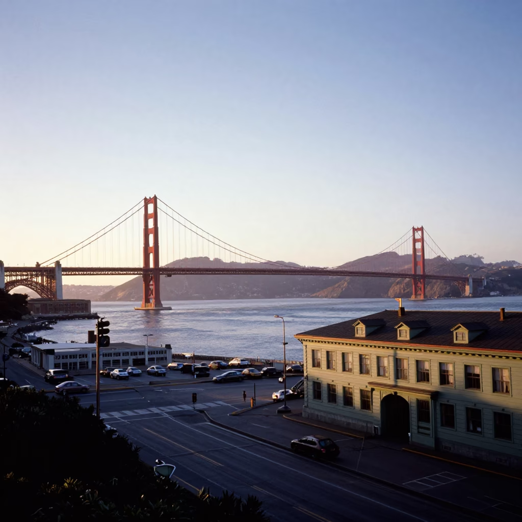Golden Gate Bridge and Ferry Building at Dawn with Morning Mist and City Skyline in in San Francisco, California, United States