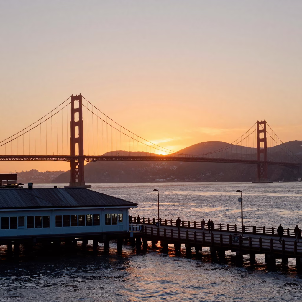 Golden Gate Bridge And Ferry Building From Pier in San Francisco in in San Francisco, California, United States