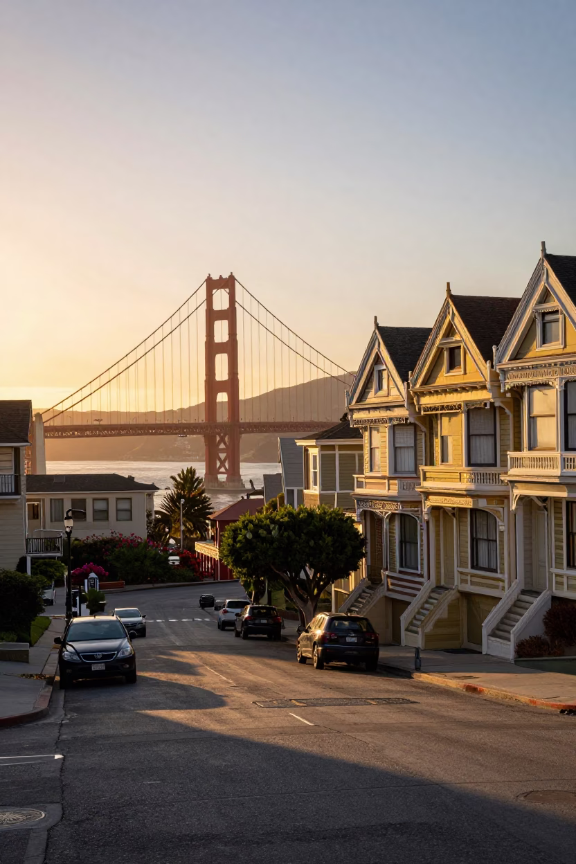 Golden Gate Bridge And Victorian Houses in San Francisco in in San Francisco, California, United States