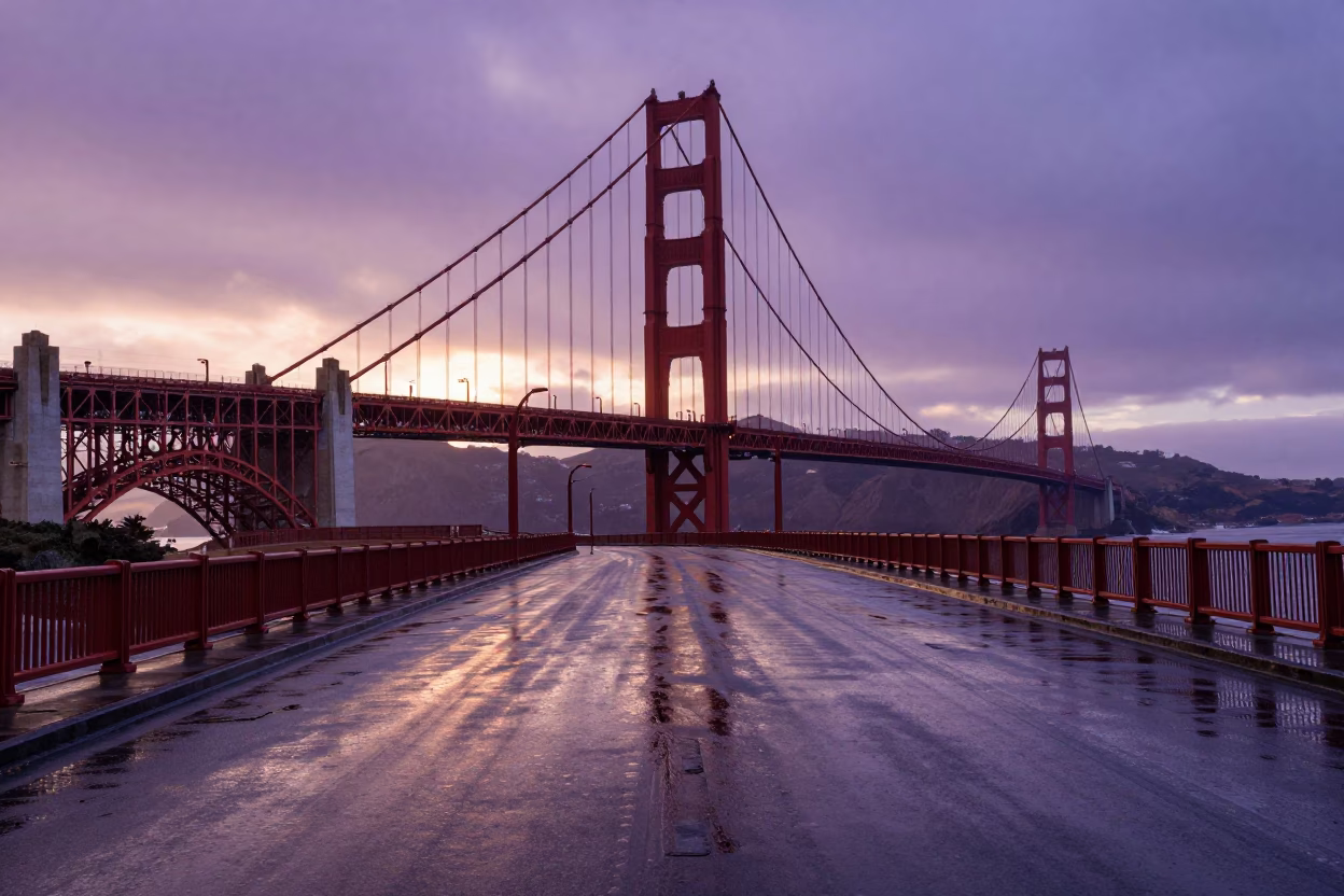 Golden Gate Bridge Deck Shining After Storm at Sunset in San Francisco in in San Francisco, California, United States