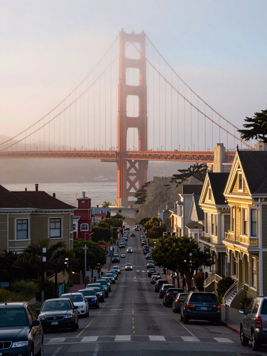 Golden Gate Bridge Morning Commute San Francisco Foggy Street Scene with Vintage Car in in San Francisco, California, United States