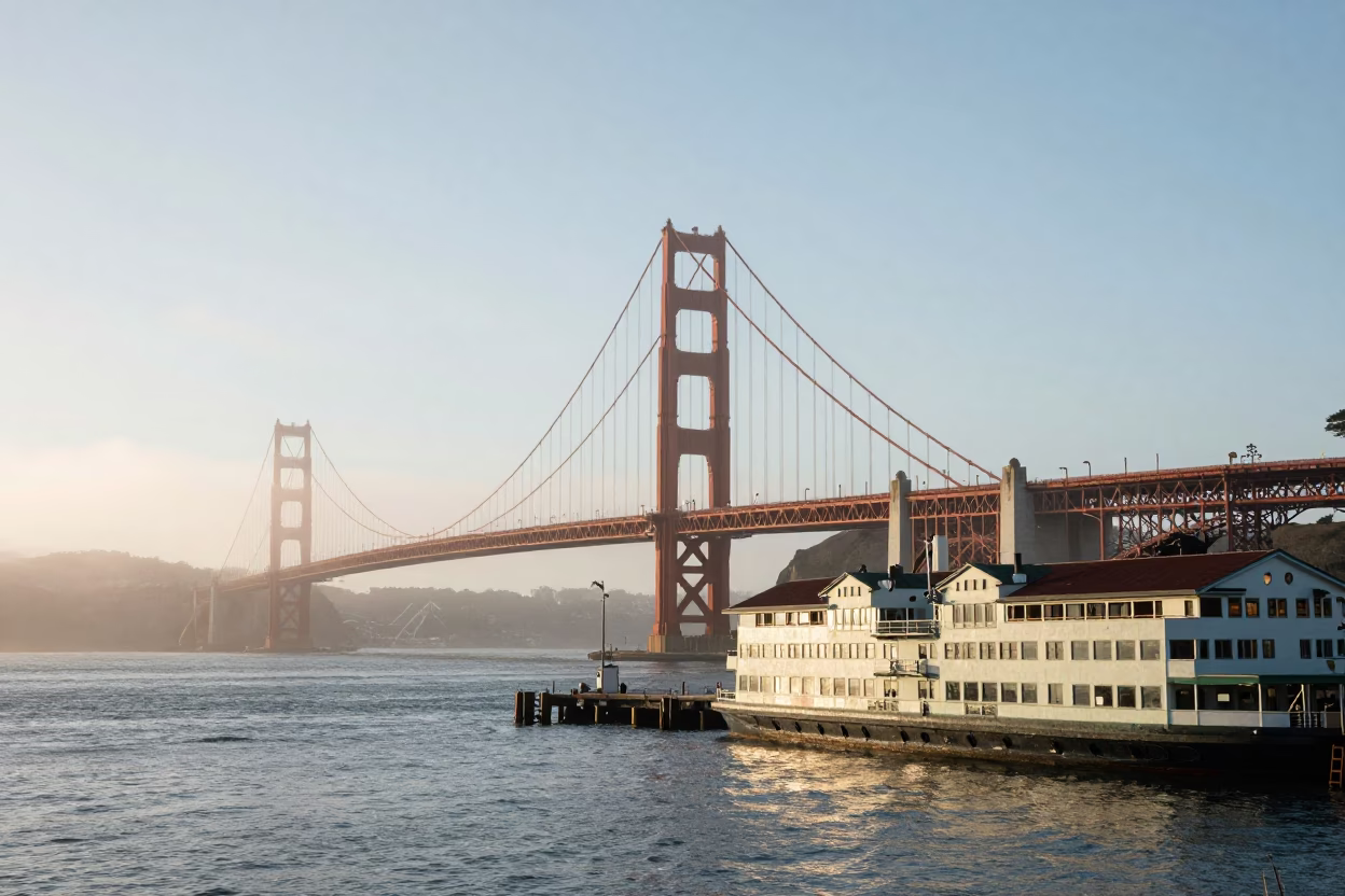 Golden Gate Bridge Morning Light and Ferry Building Market Stall with Glass Sugar Jar in in San Francisco, California, United States