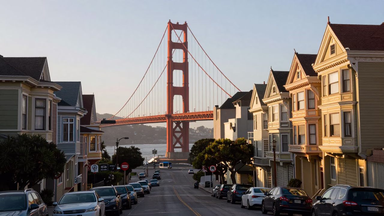 Golden Gate Bridge Morning Light and San Francisco Street Life in in San Francisco, California, United States