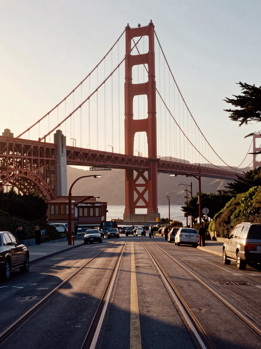 Golden Gate Bridge Morning Light San Francisco Urban Street Scene Early Day in in San Francisco, California, United States