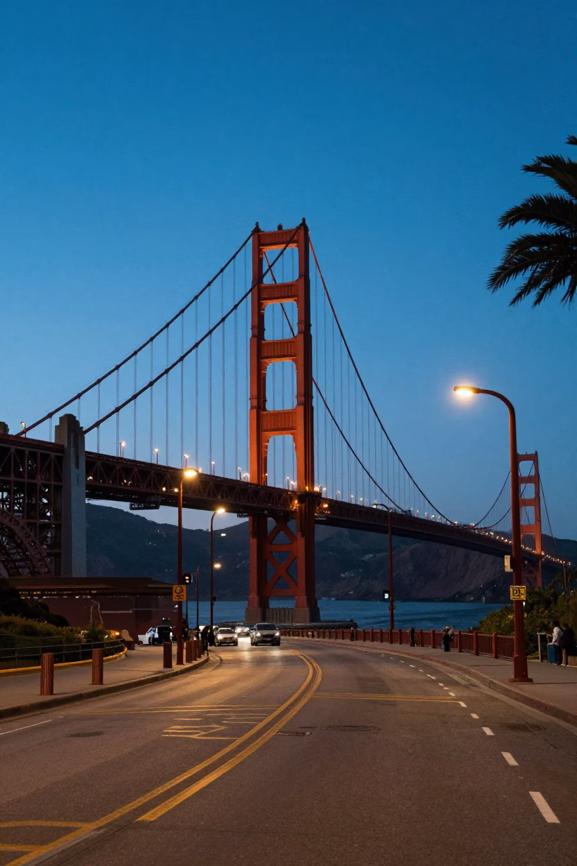 Golden Gate Bridge Twilight Street Scene with Vintage 1980s Fashion and Urban Details in in San Francisco, California, United States