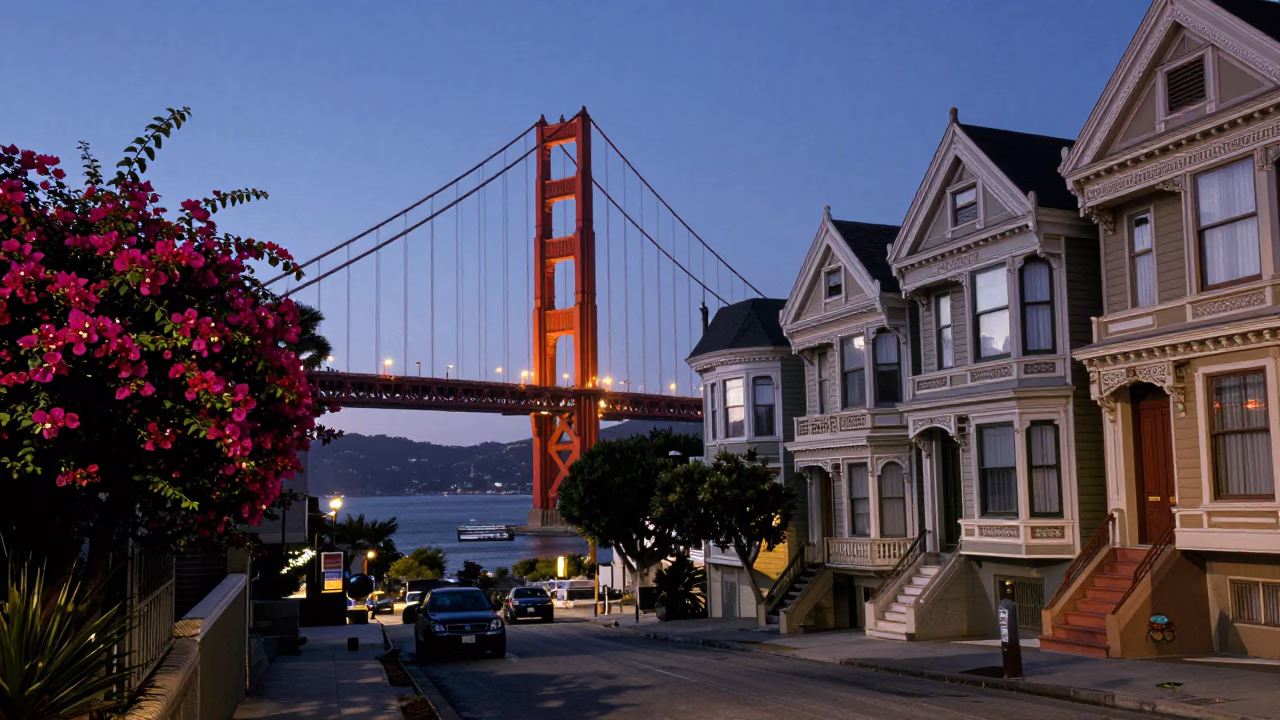 Golden Gate Bridge twilight view with bougainvillea and San Francisco street scene in in San Francisco, California, United States