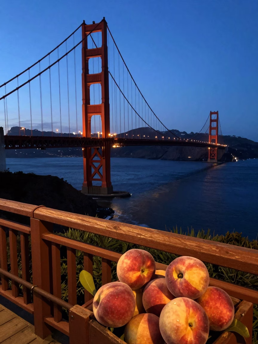 Golden Gate Bridge Twilight View with Nectarines and Glass Carafe on San Francisco Balcony in in San Francisco, California, United States