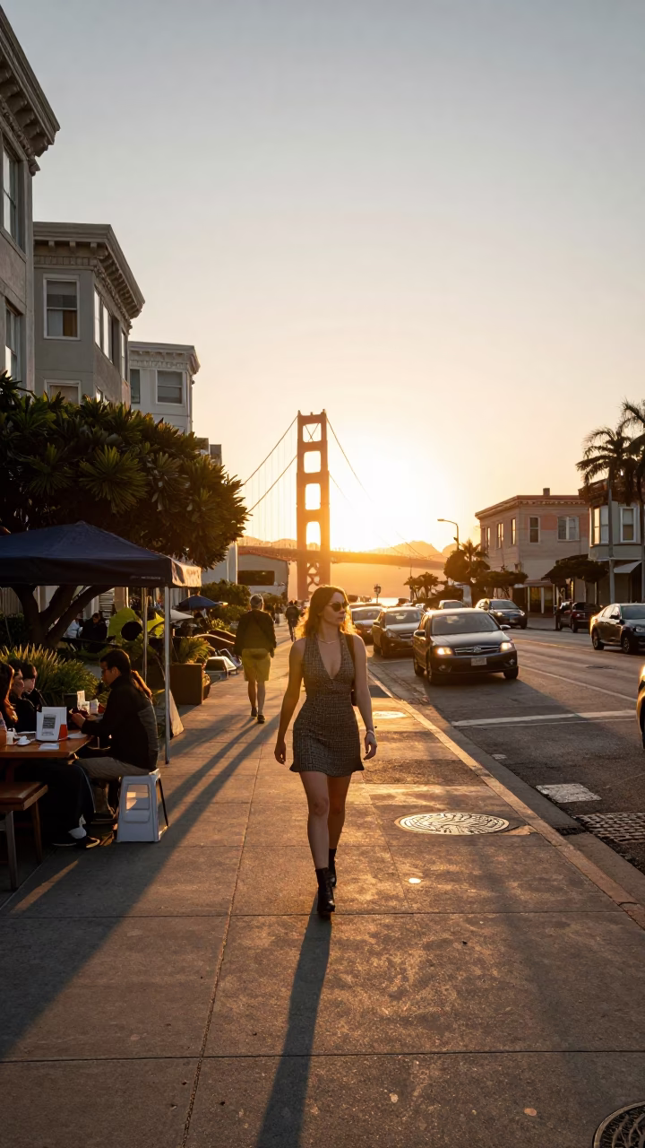 Golden Gate Park Sunset Street Scene with Vintage Fashion and Local Life in in San Francisco, California, United States