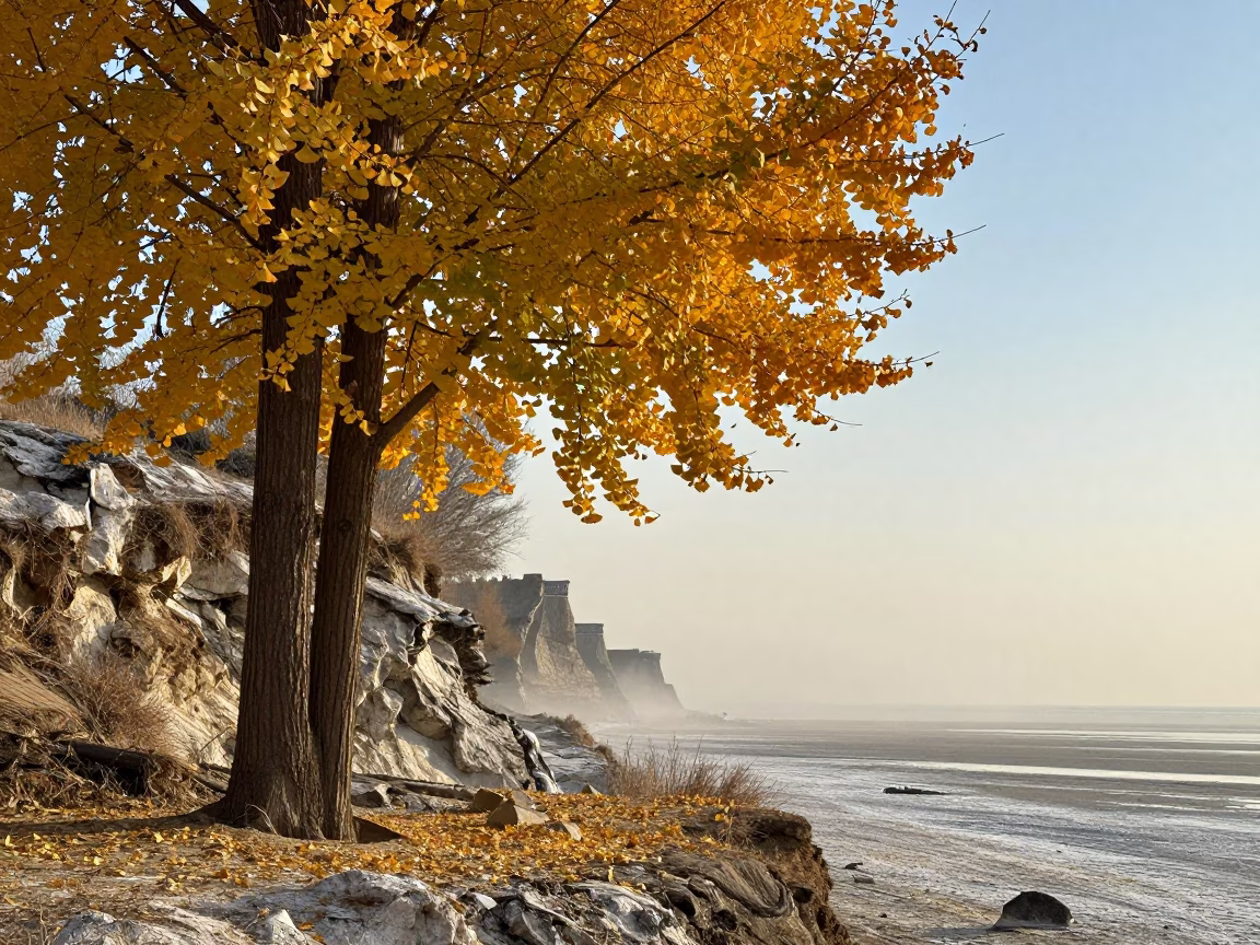 Golden Ginkgo Leaves Fall on Uzbek Cliff in along a salt-sprayed cliff edge in Uzbekistan