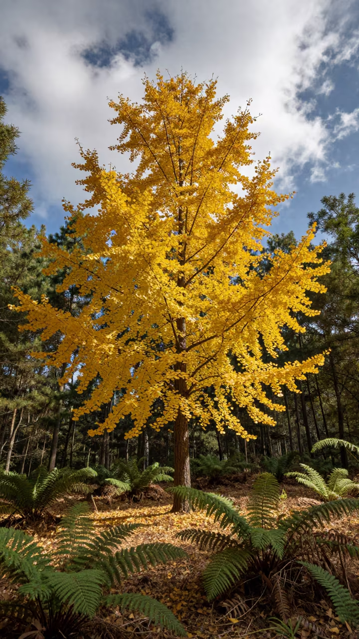Golden Ginkgo Leaves Fall on Fern Forest Floor Mizoram in on a fern-lined forest floor in Mizoram