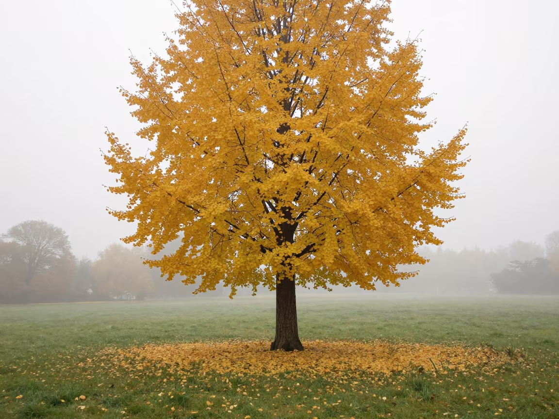 Golden Ginkgo Tree in Misty Dawn Meadow Ipswich in in a bloom-heavy meadow near Ipswich