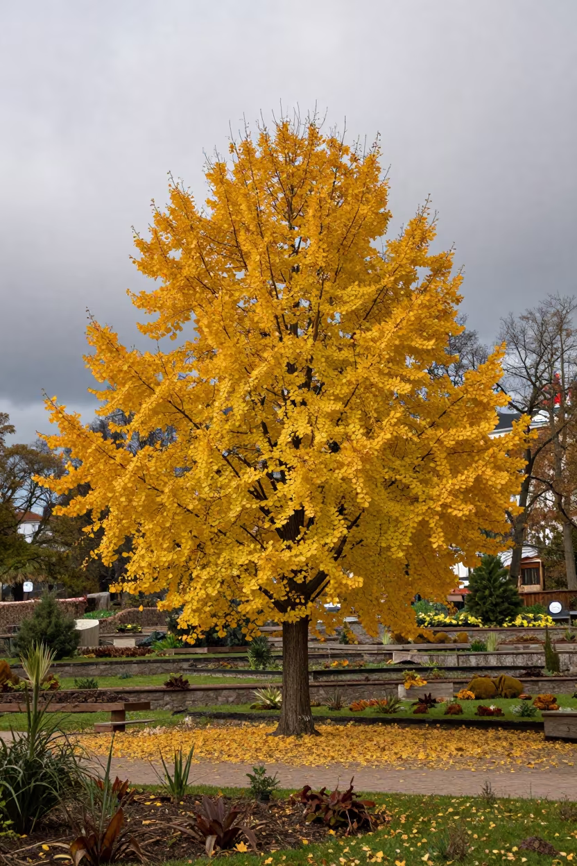 Golden Ginkgo Tree in Tallinn Terraced Garden in among terraced garden plots near Tallinn